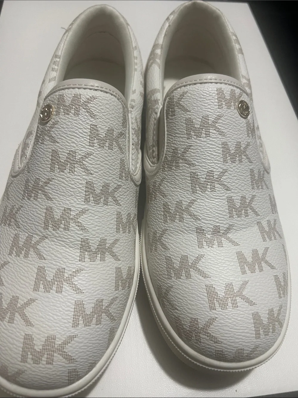 Michael Kors White & Beige MK Logo Slip-On Sneakers